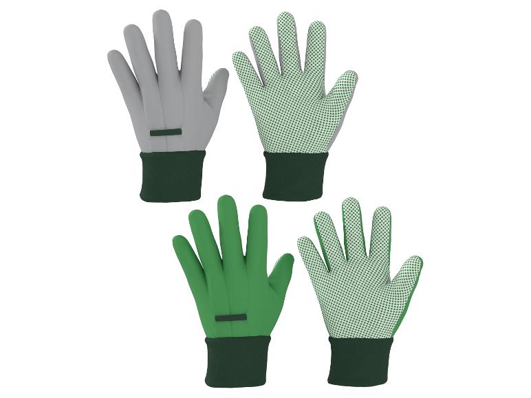 Deux paires de gants de jardinage: gris et verts, avec des points antidérapants.