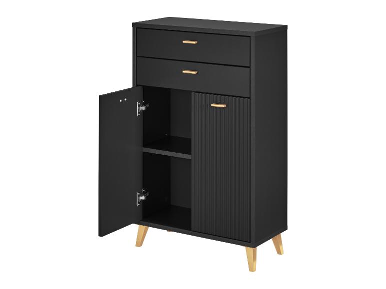 Commode noire avec deux tiroirs et une porte d'armoire ouverte, sur pieds en bois.