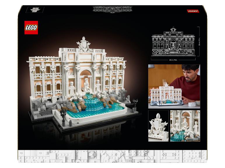 Ensemble LEGO Architecture Fontaine de Trevi sur sa boîte, avec dimensions et détails.