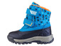Chaussures bleues pour enfants avec un motif géométrique.
