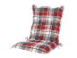Coussin de chaise rouge et gris à carreaux.