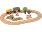 Ensemble de train en bois thème chantier, camion, wagon, ouvrier, arbre et panneaux.