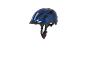 Un casque de vélo bleu avec un design noir et blanc.