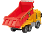 Camion benne jouet jaune et rouge avec panneaux de prudence et benne relevée.