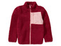 Veste en fourrure rouge avec des détails roses.
