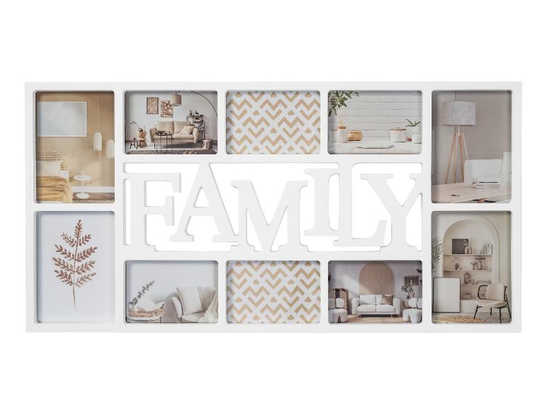 Un cadre photo blanc avec le mot 'FAMILY' et des photos d'intérieurs.