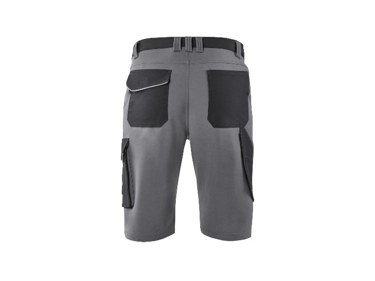 Shorts de travail gris avec poches noires et détails réfléchissants.
