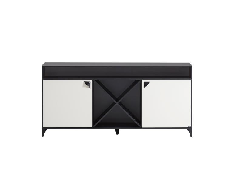 Buffet noir et blanc avec casier à vin et portes.