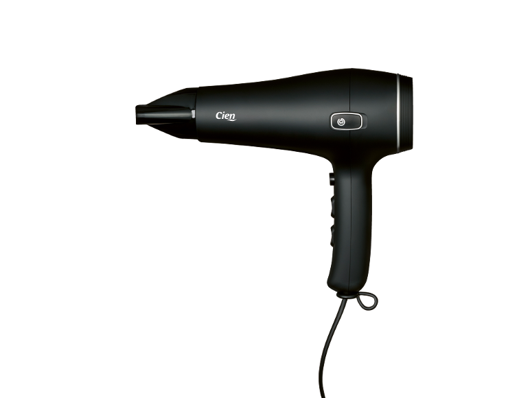 Sèche-cheveux noir avec cordon, boutons et logo blanc.