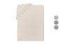 Drap-housse beige clair avec élastique et échantillons de couleurs gris, bleu et vert.