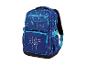 Sac à dos bleu avec motif de taches colorées et un dessin de main faisant le signe de la paix.