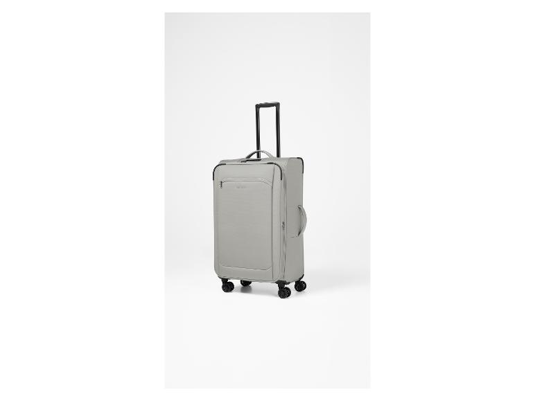 Valise de voyage grise à roulettes avec poignée extensible.