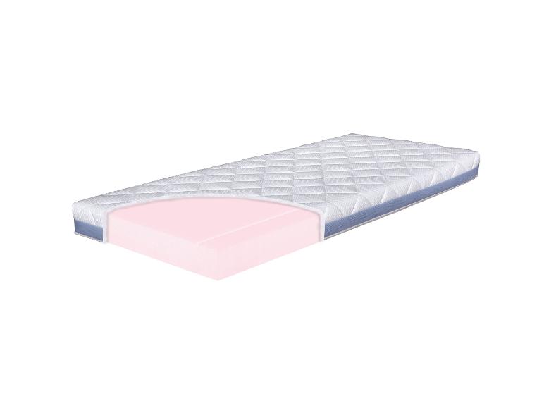 Matelas avec vue en coupe montrant un noyau en mousse rose et une housse blanche matelassée avec une bordure bleue.
