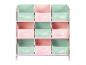 Étagère de rangement rose avec neuf bacs en tissu vert menthe et rose.