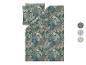 Parure de lit à motif de feuilles tropicales en vert foncé, marron et bleu.