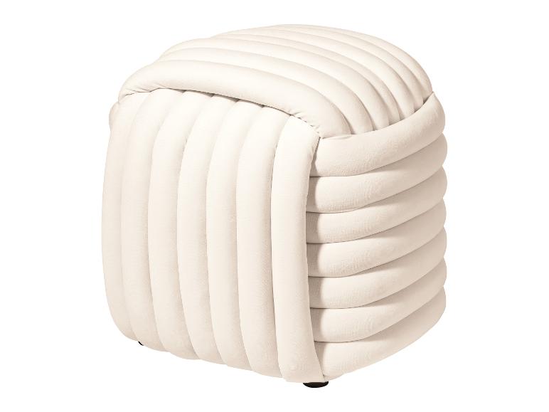 Pouf cylindrique côtelé de couleur crème avec un motif supérieur tressé.