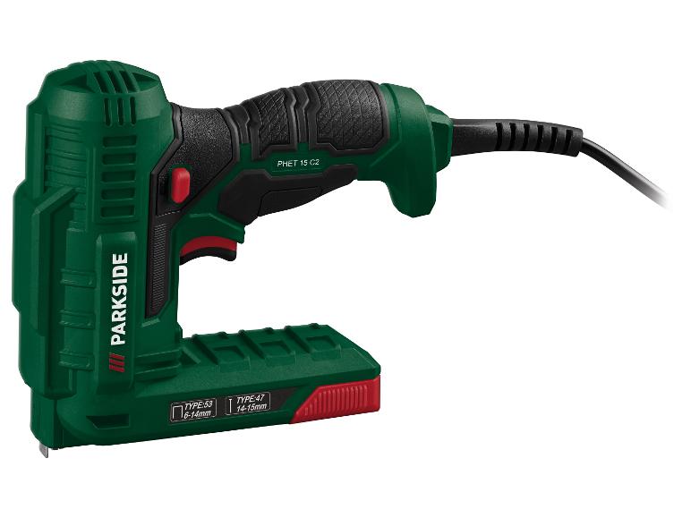 Agrafeuse électrique verte et noire, avec câble, pour agrafes type 53 (6-14mm) et clous type 47 (14-15mm).