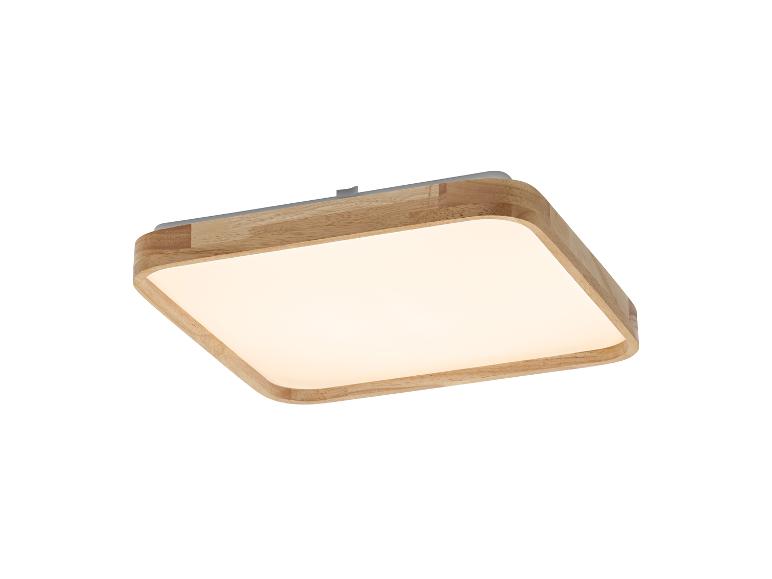 Plafonnier carré en bois avec coins arrondis et diffuseur blanc.