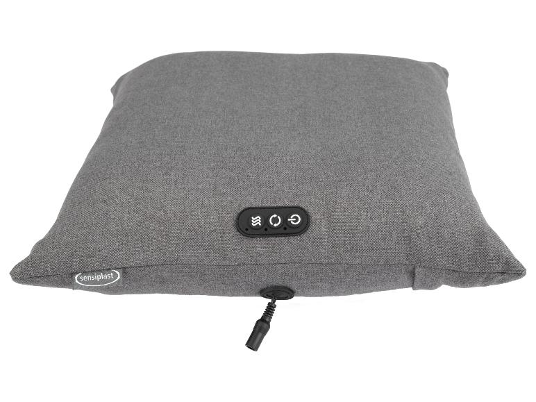 Coussin de massage gris avec panneau de commande et câble d'alimentation.