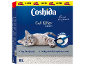 Emballage de litière pour chat avec un chat, une pelle et du texte sur ses caractéristiques.