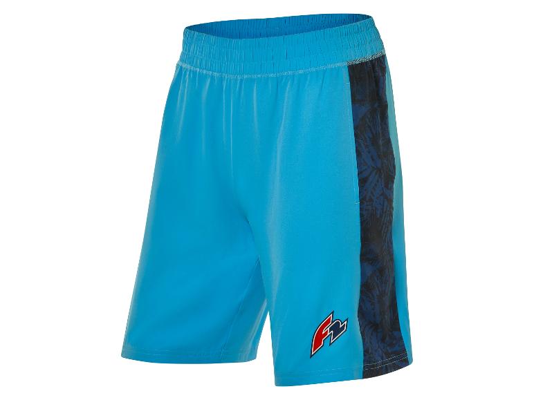 Shorts de sport bleu clair Errea avec détails imprimés.