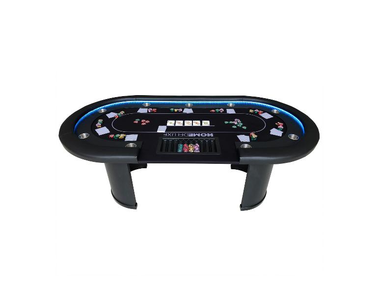 Table de poker noire avec éclairage LED bleu, jetons et cartes.