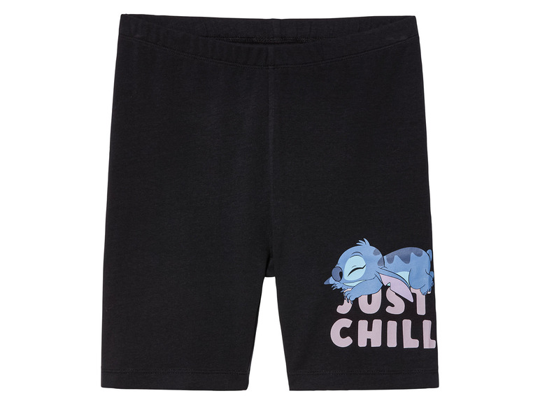 Shorts noirs avec un imprimé Stitch et l'inscription 'Just Chill'.