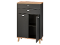 Commode gris foncé avec plateau en bois clair et portes, une ouverte, sur pieds en bois.