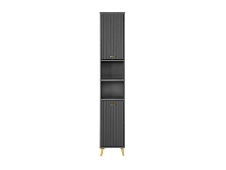Armoire grise avec deux portes, une étagère et des poignées dorées.