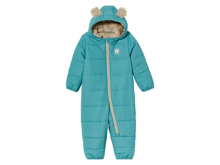 Une combinaison bébé turquoise avec capuche et oreilles
