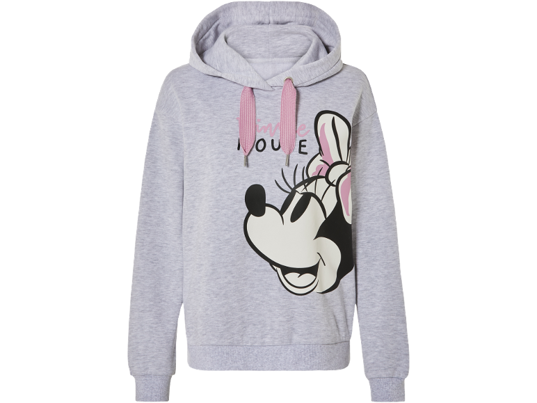 Sweat à capuche gris avec cordons roses, imprimé d'un visage de personnage de dessin animé.