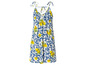 Une robe blanche avec un imprimé de citrons et de feuilles bleues.
