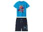 Pyjama garçon avec t-shirt bleu à manches courtes imprimé super-héros et short bleu marine avec cordon de serrage.