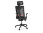 Un fauteuil de bureau noir avec un dossier en mesh et un appui-tête.