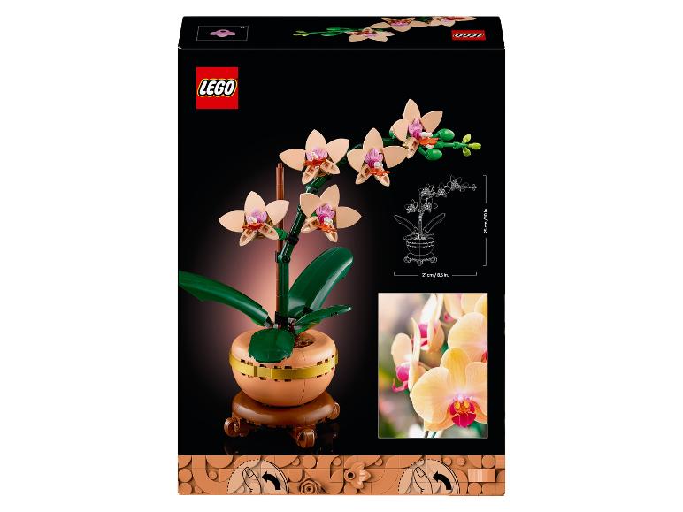 Orchidée jouet en pot, 25 cm de haut et 21 cm de large.