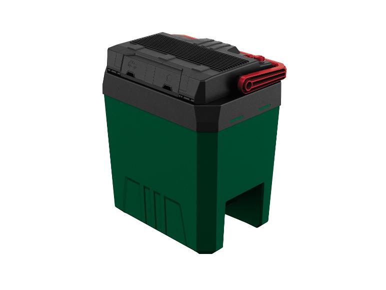 Boîte de rangement verte foncée avec couvercle noir et poignée rouge.