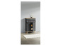 Une armoire gris foncé avec deux tiroirs et des portes, avec un plateau en bois.