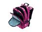 Sac à dos scolaire rose à motif floral, avec plusieurs compartiments ouverts et fermetures éclair.