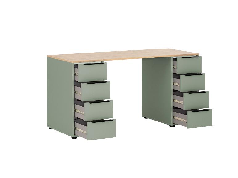 Bureau vert clair avec plateau en bois et tiroirs ouverts