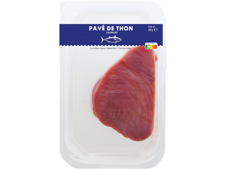 Pavé de thon emballé avec étiquette Nutri-Score, poids net 200g.