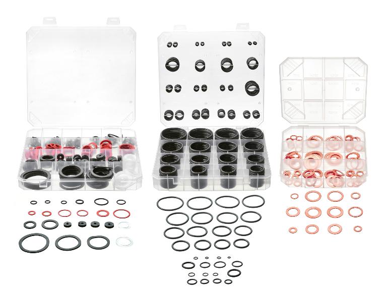 Ensemble de joints en caoutchouc et en cuivre dans des boîtes en plastique transparentes.