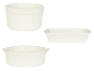 Trois plats de cuisson en céramique blanche : rond, rectangulaire et ovale