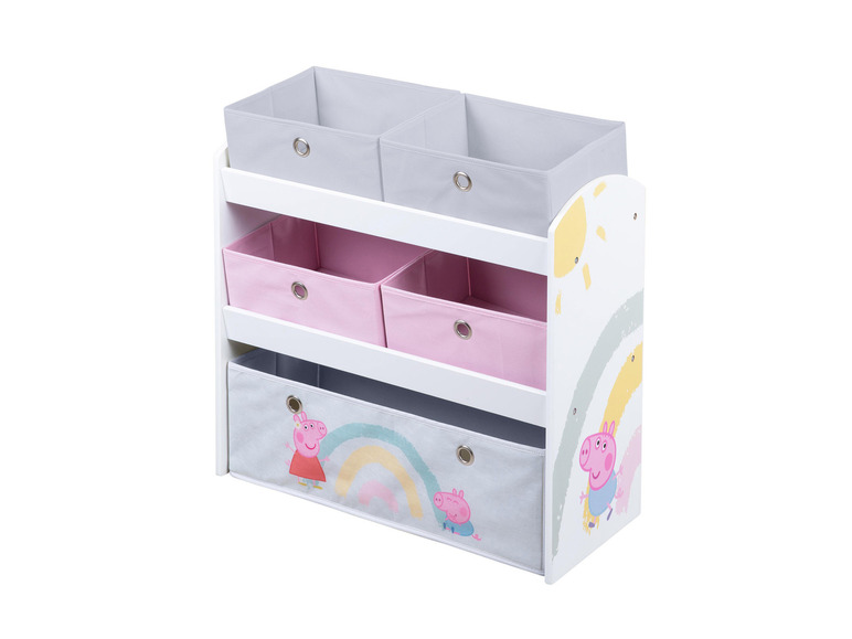 Un rangement blanc avec des paniers de rangement roses et gris sur le thème de Peppa Pig.