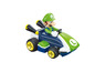 Luigi dans une voiture de course bleue avec des accents verts.