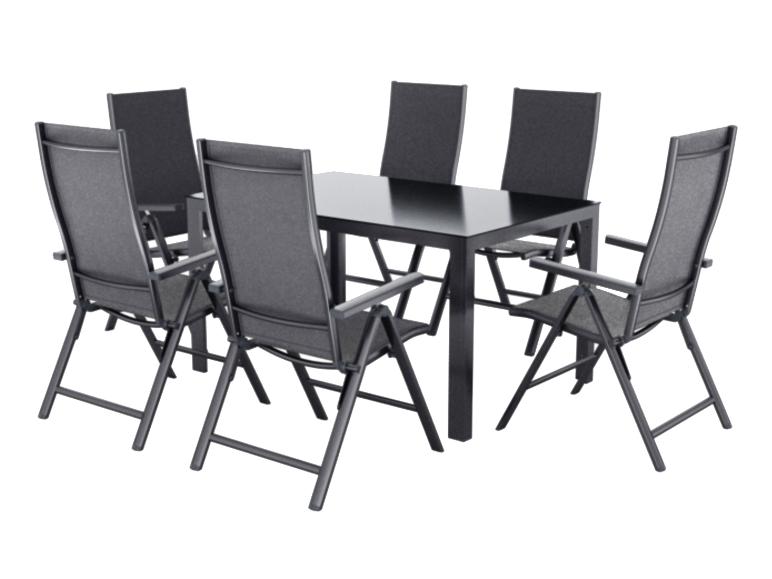 Ensemble de mobilier de jardin: table noire et six chaises pliantes en tissu.