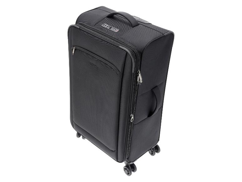 Valise de voyage noire à roulettes et poignée, avec une serrure à combinaison sur le dessus.