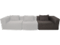 Canapé modulable avec deux sections gris clair et une gris foncé, chacune avec un coussin.