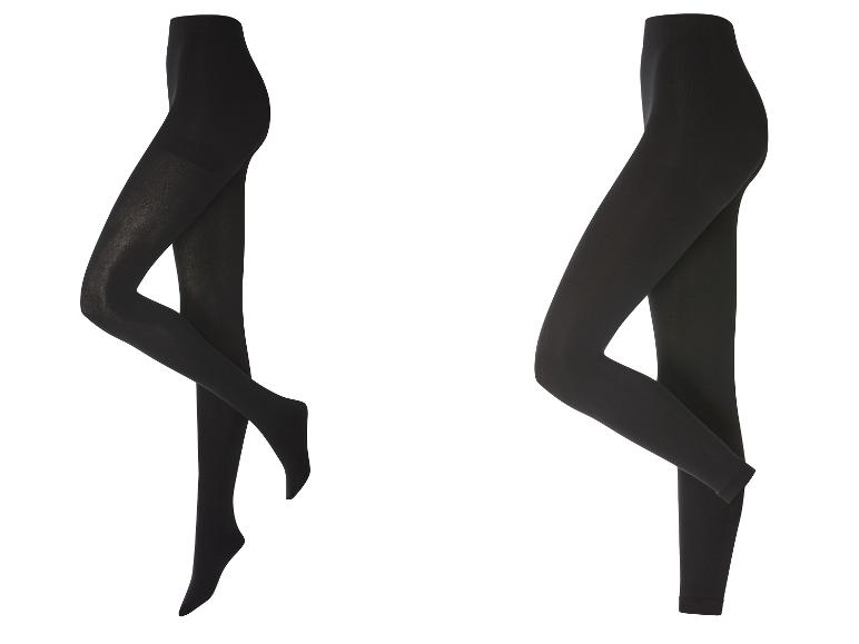 Deux paires de collants noirs, un transparent et un opaque, présentées sur des mannequins.