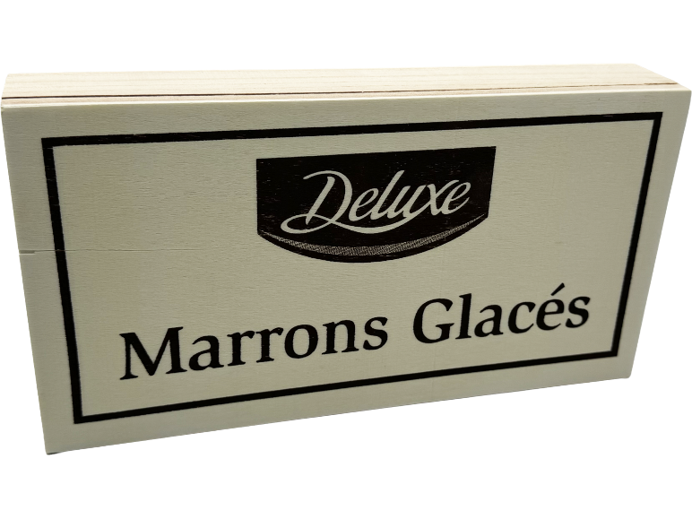 Boîte en bois de marrons glacés de la marque Deluxe.