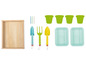 Jouets de jardinage avec des pots, des outils et une boîte en bois.